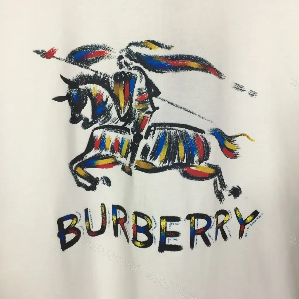 View 6 of White Cotton Tee, Modern Fit, Burberry-Inspired Horse Logo, Graphic Streetwear Tee