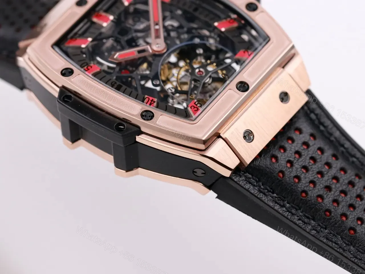View 2 of Hublot Masterpiece Series 906 Tourbillon Watch Rose Gold/Platinum Black Leather Strap with Red Accents Sapphire Crystal