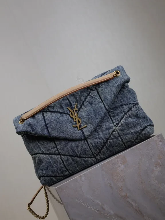 View 6 of Chic Denim Quilted Tote with Gold YSL Accent
