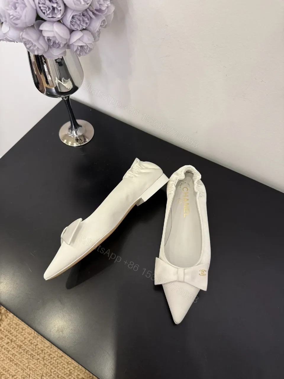 View 9 of White Textured Pointed-Toe Pumps with Bow, Luxury Flat
