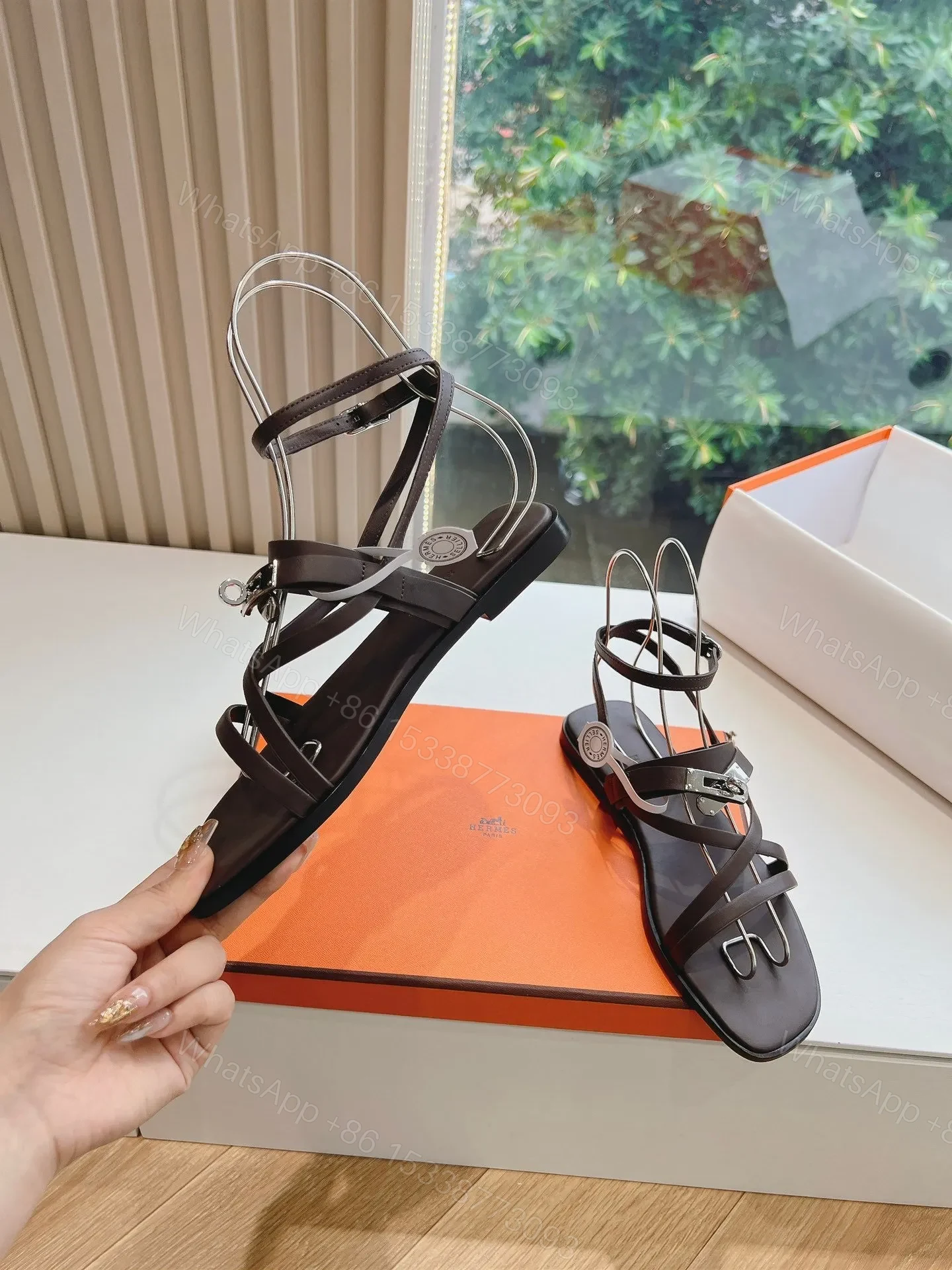 View 6 of Hermes Women Dark Brown Leather Strappy Sandals