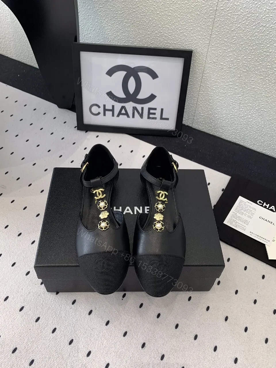 View 2 of Chic Black Slingback Sandals with Gold Charms - All-Day Comfort