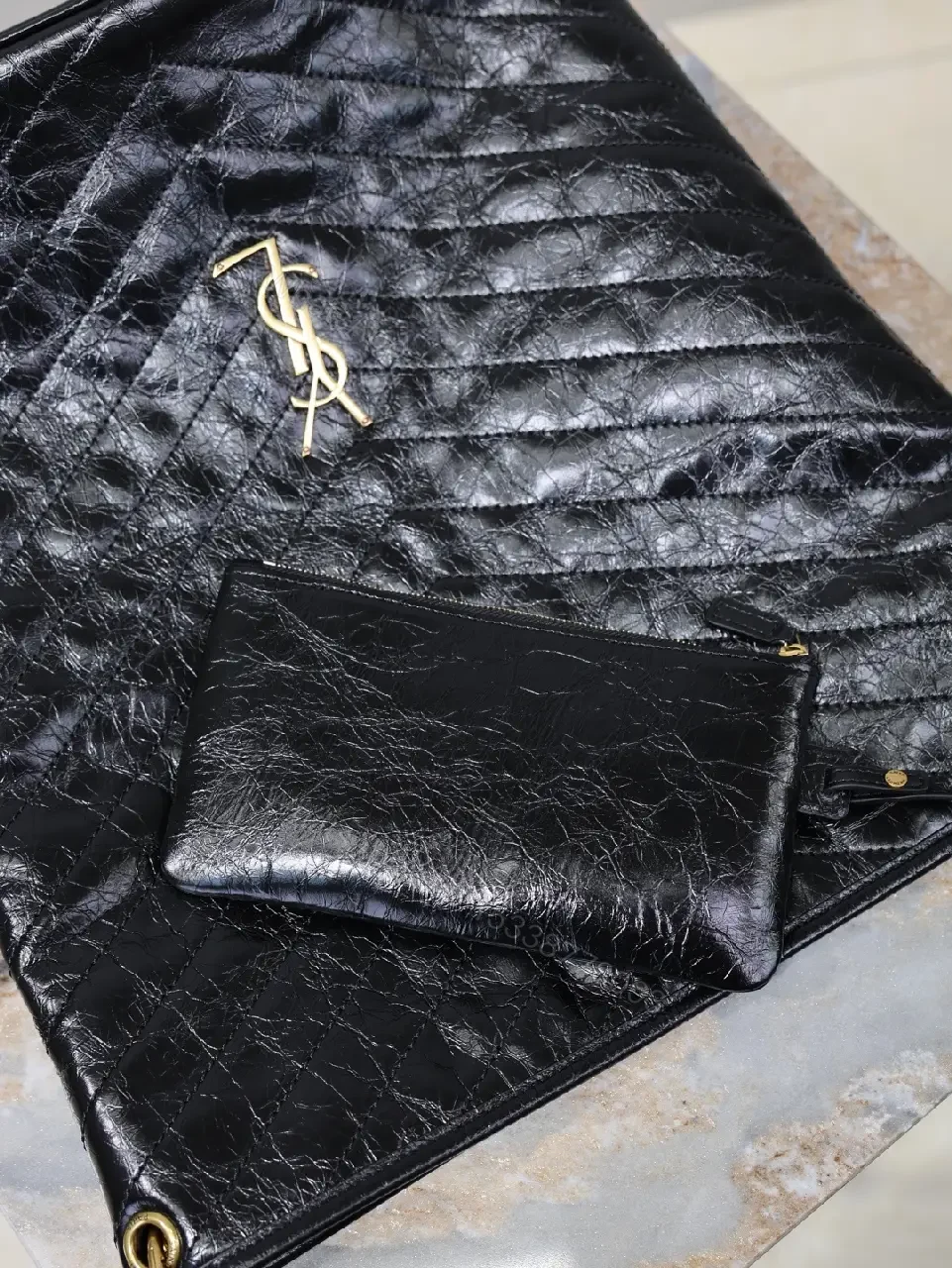 View 5 of Quilted Black Tote with Gold Logo—Luxury Everyday Carry