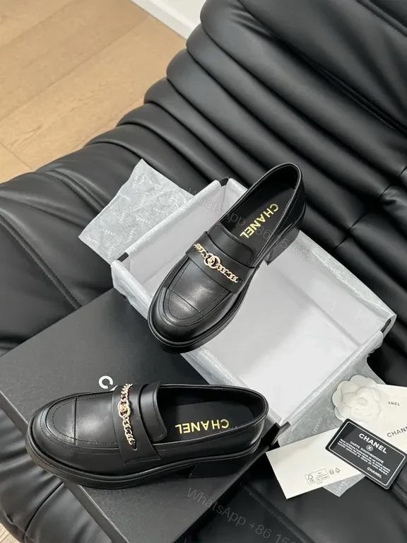 View 4 of Chanel-Inspired Leather Loafers with Gold Chain Detail