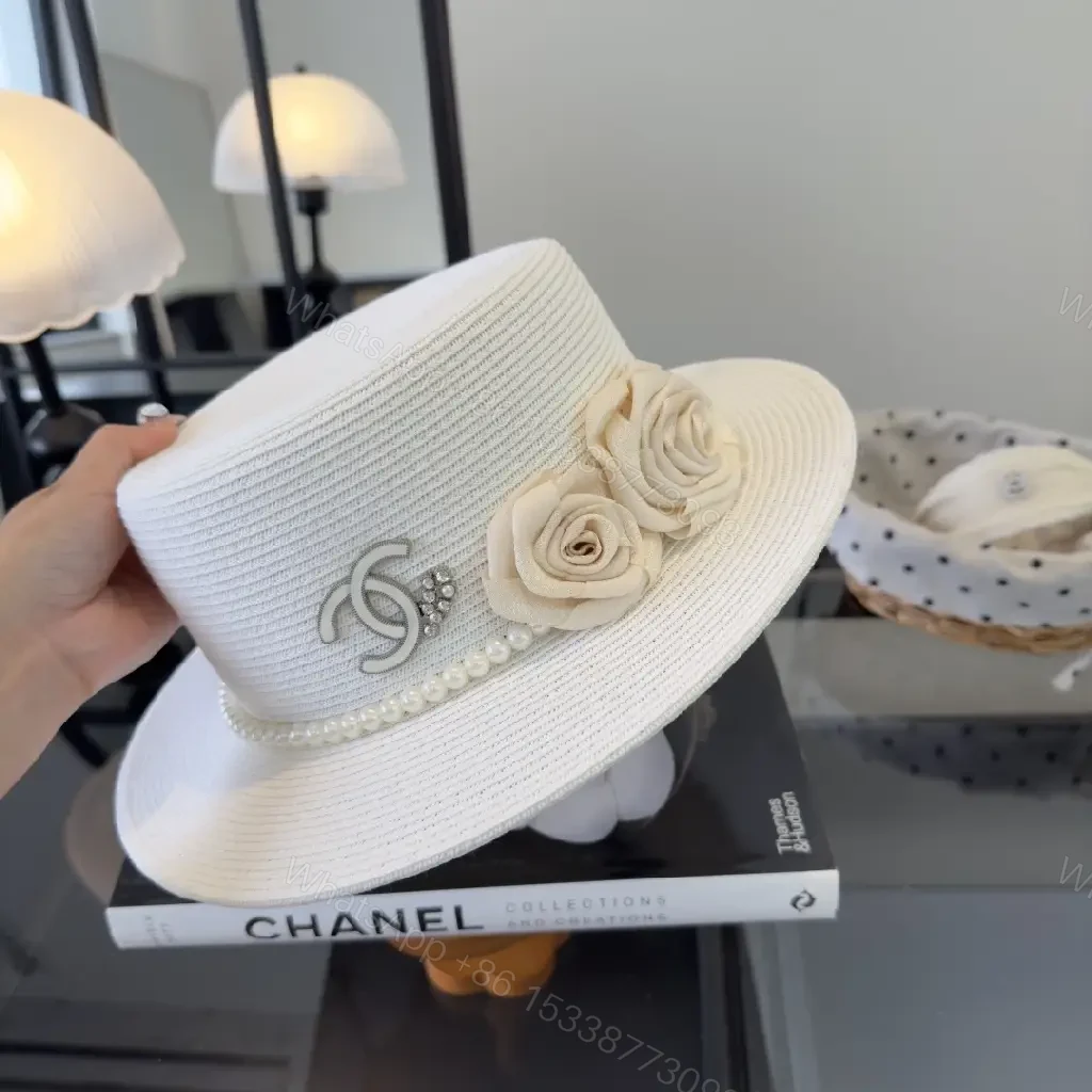 View 3 of White Straw Hat, Elegant Chic Fedora, Pearl Band, Roses, Chanel Charm, Wide-Brimmed Hat