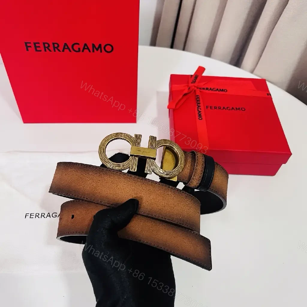View 2 of Brown Leather Belt Distressed Matte Double-GC Buckle Ferragamo Logo Belt