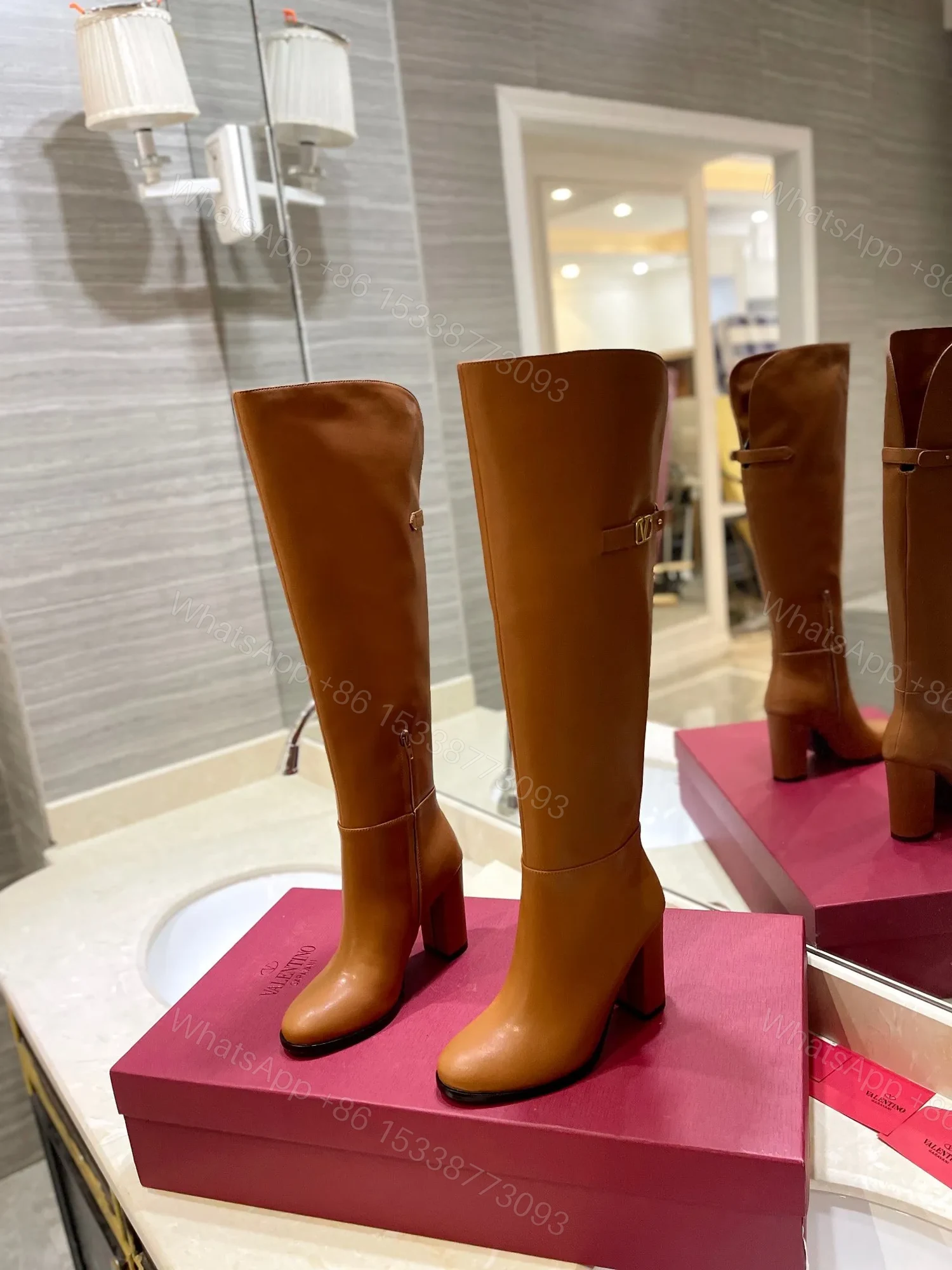 View 3 of Valentino Women Tan Leather High Heel Boots