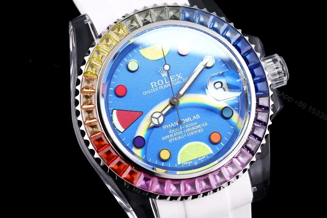 View 4 of Rolex Submariner Phantom Blue Dial Rainbow Crystal Edition White Strap 40mm RG-SUB-PHANTOM-BLUE-CARTOON