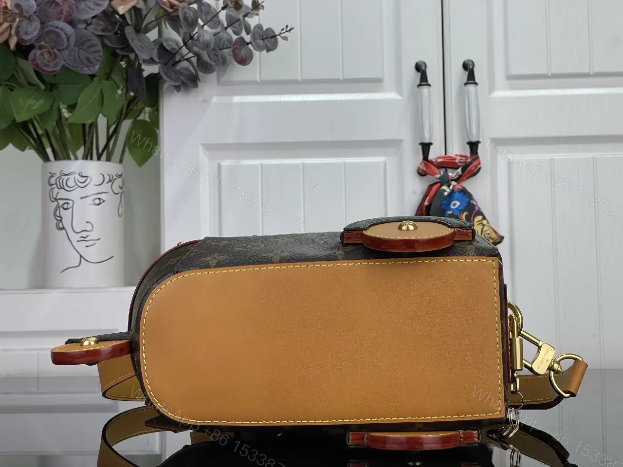 View 6 of Dark Brown LV Monogram Rolling Handbag with Tan Leather Trims