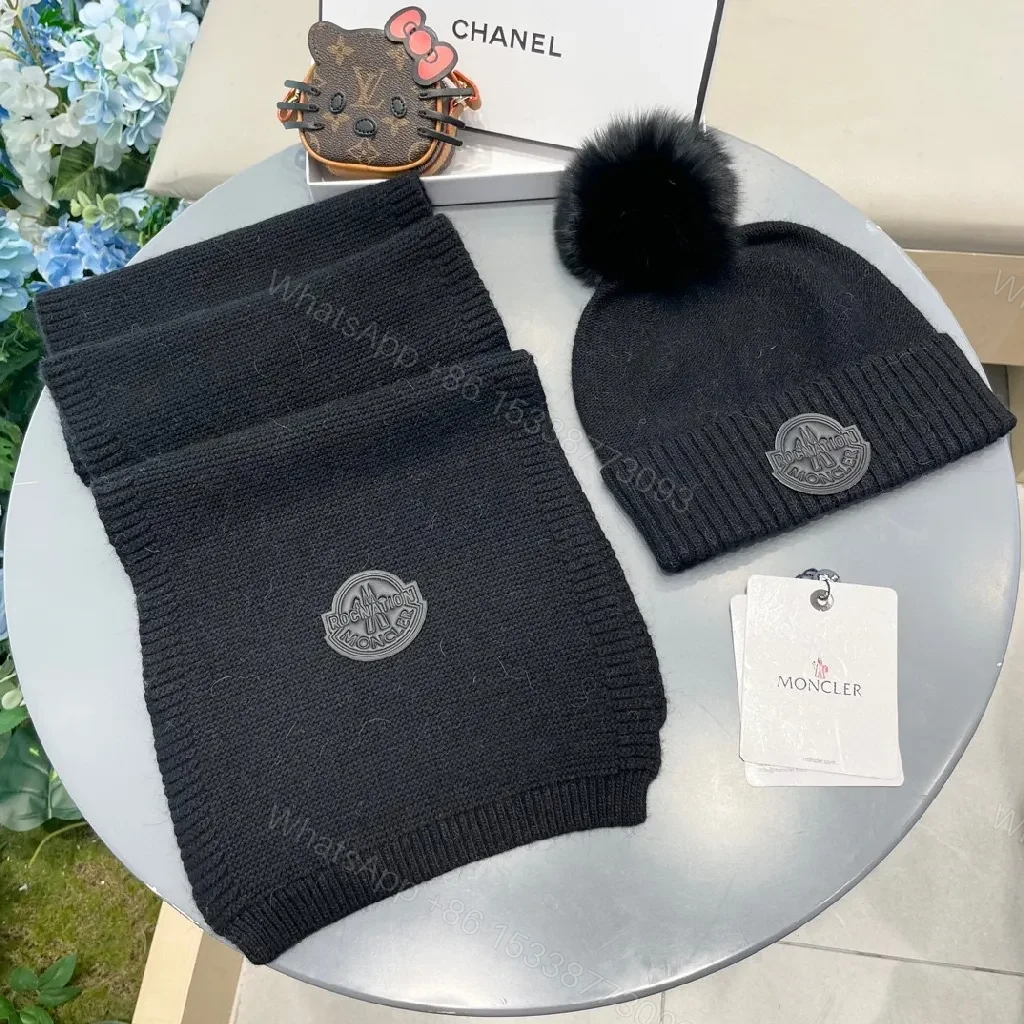 View 2 of Cozy Black Knit Set: Pom-Pom Beanie & Scarf - All-Season Luxury