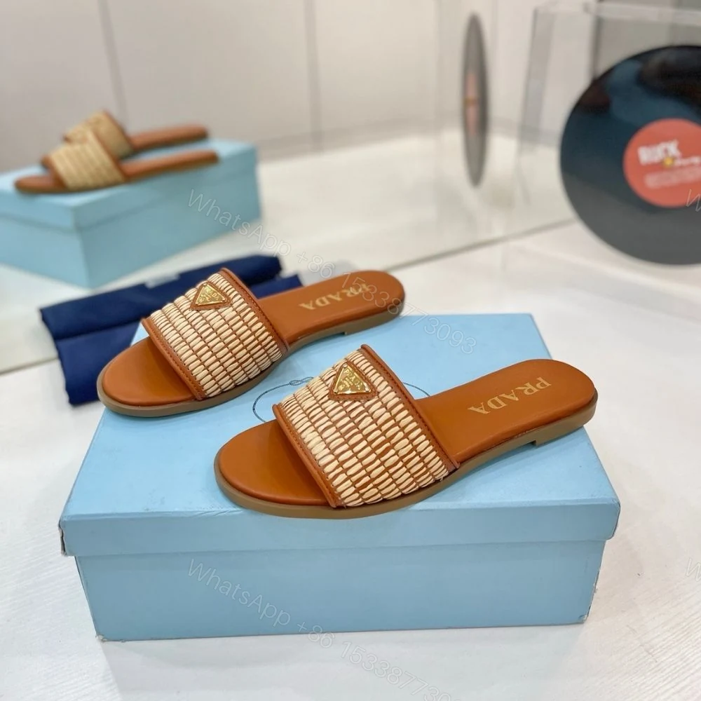 View 4 of Prada Leather Slides With Crochet Details Cognac Brown