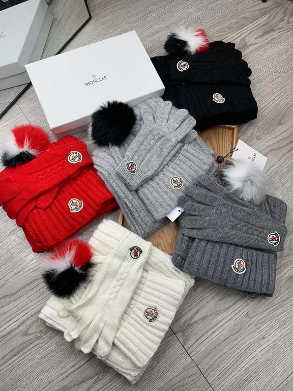 View 7 of Chic Black Wool Cable-Knit Set: Moncler Scarf & Beanie Gloves