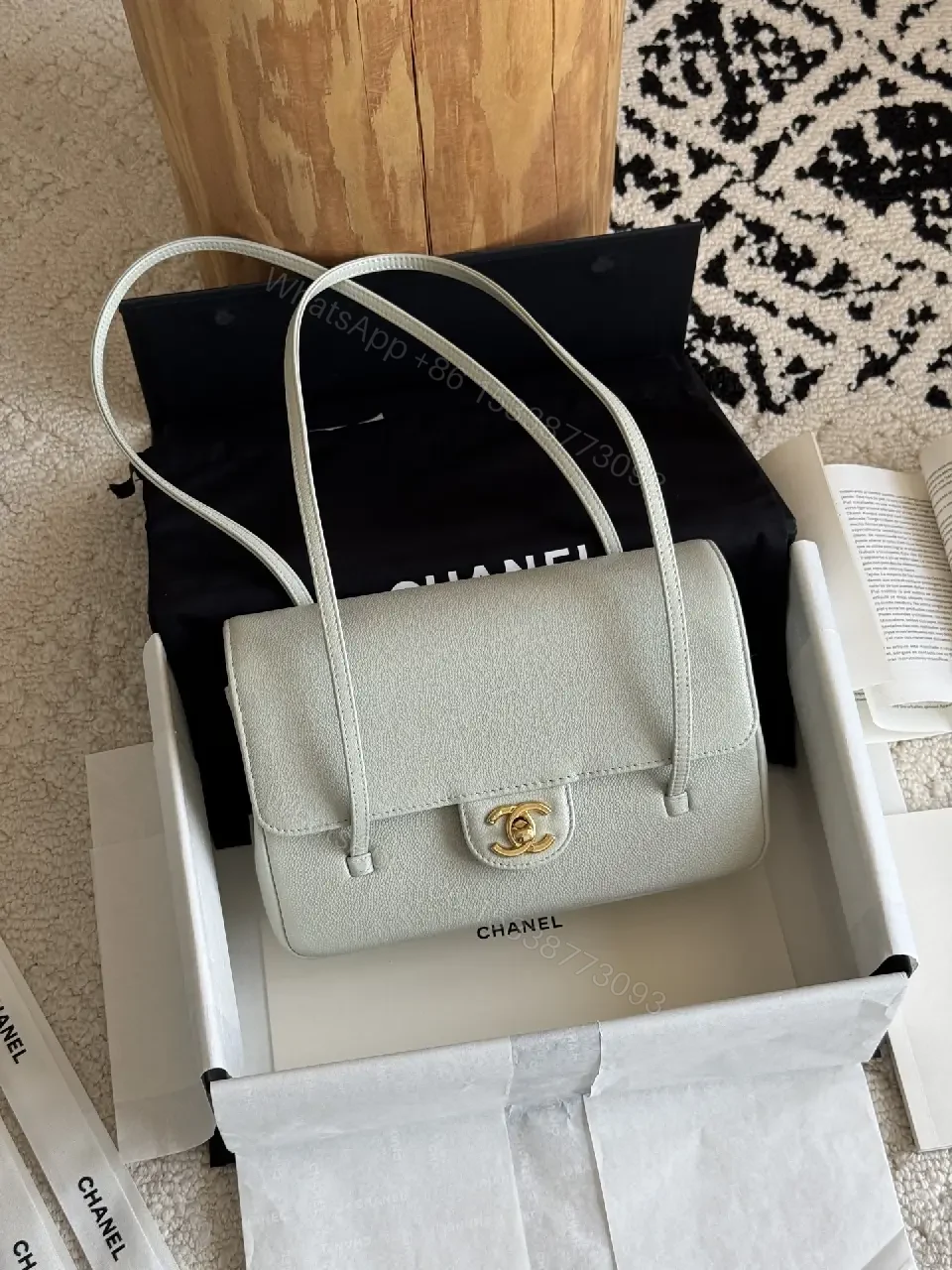View 8 of Light Gray Pebbled Leather Structured Handbag with Gold Turn-Lock Clasp