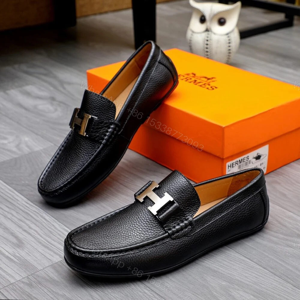 View 3 of Hermes Men’S Loafer Moccasin Leather With H Silver Black