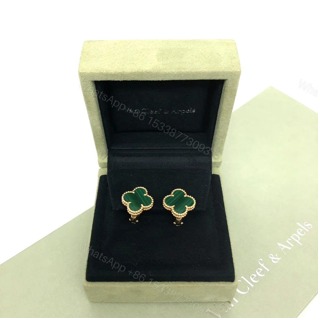 View 6 of VCA Vintage Alhambra Earrings, 18k Yellow gold, Malachite