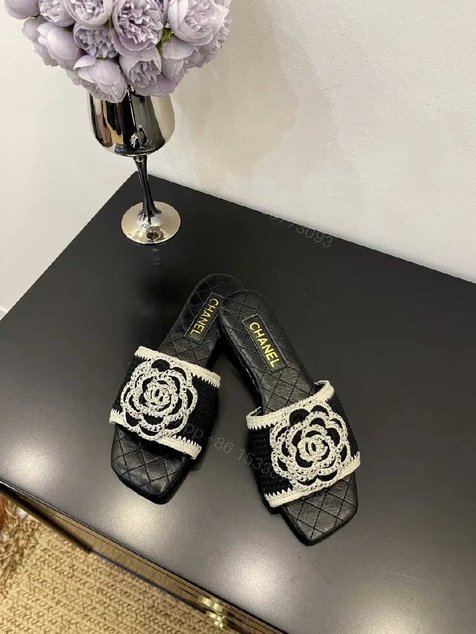 Black Quilted Slide with Crochet Camellia Detail - Open-Toe Comfort — view 1