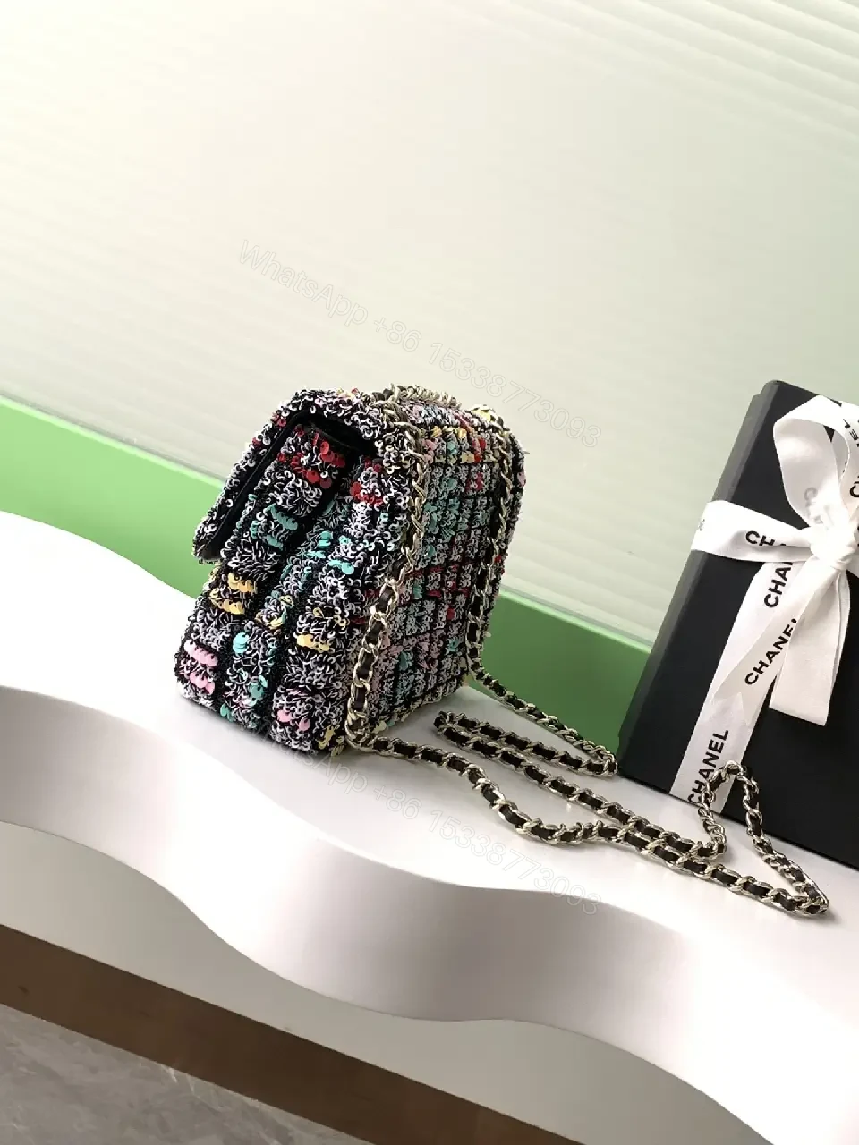 View 4 of Multicolor Tweed Chain-Shoulder Bag with CC Logo Clasp