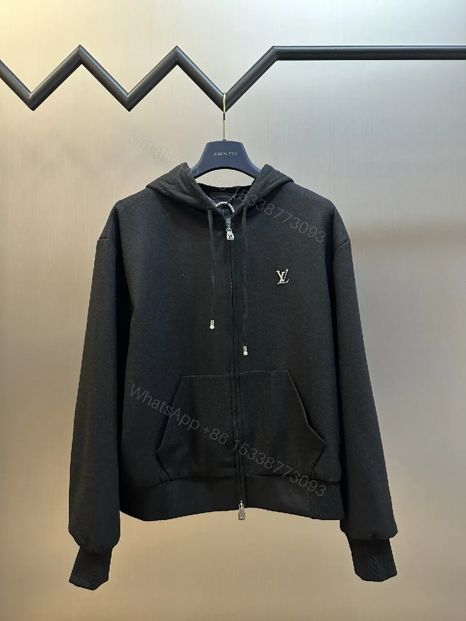 Black Leatherette Minimal Zip Hoodie with LV Emblem — view 1