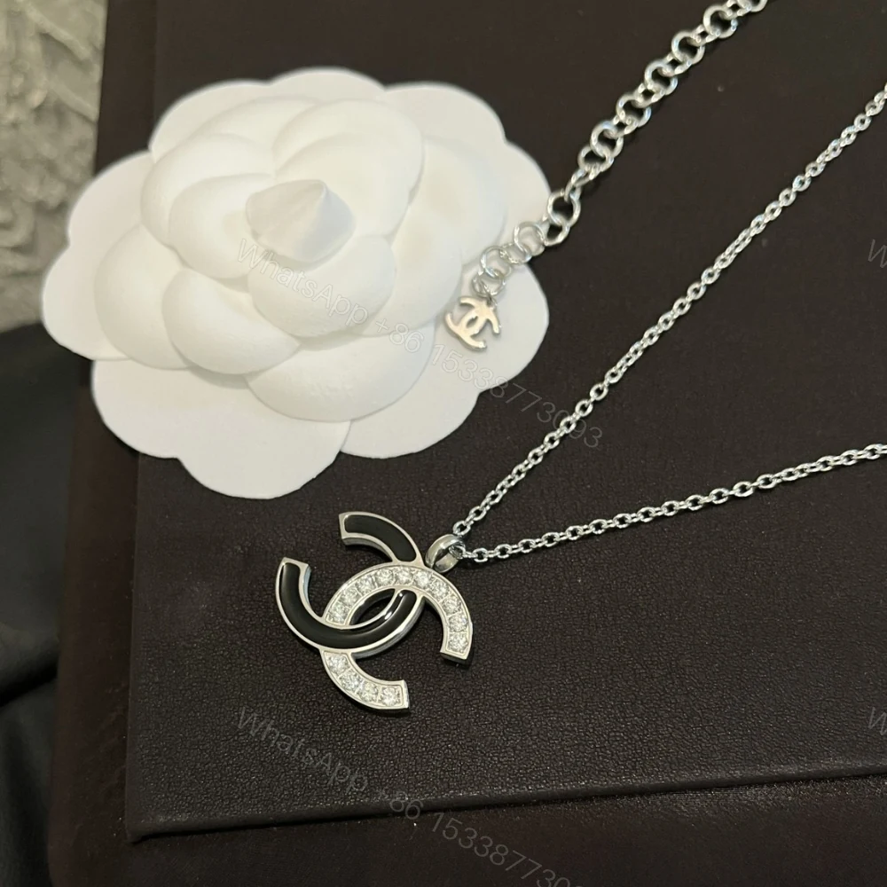 View 7 of Chanel Cc Logo Pendant Necklace White Stones And Black Enamel Silver