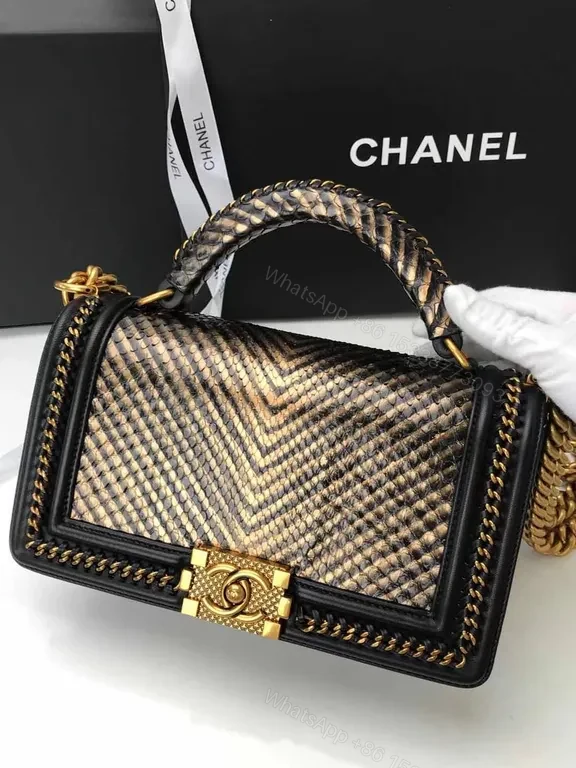View 5 of Python Leather Chanel-Inspired Handbag: Rich Texture, Gold Clasp