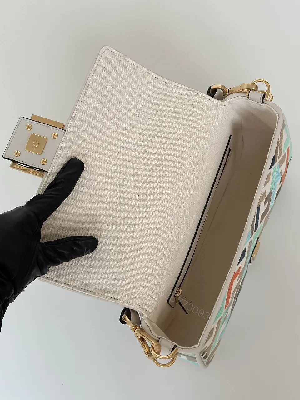 View 8 of Geometric Pattern Bag with Bold Gold Hardware Crossbody