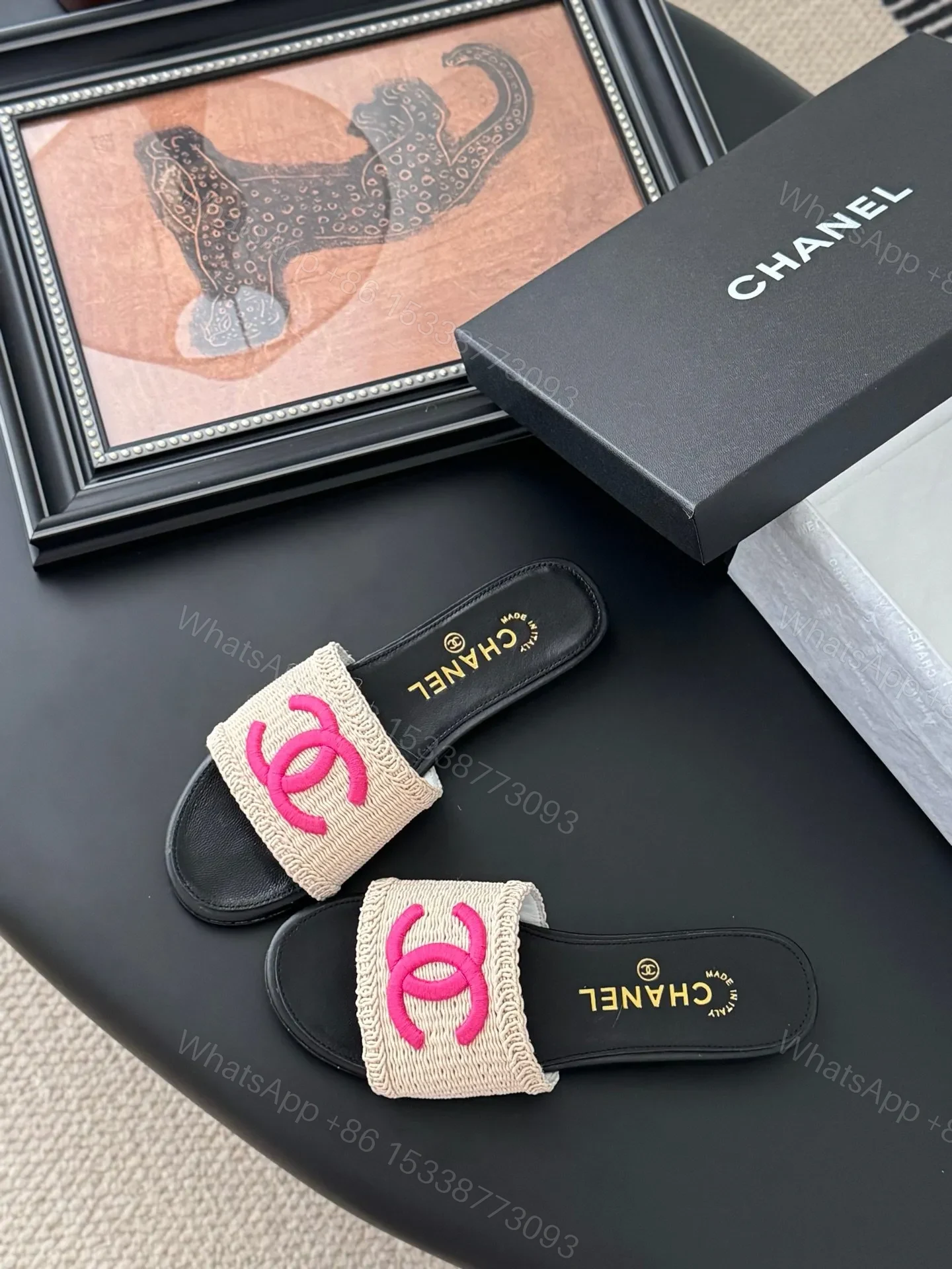 View 6 of Chanel Women Black Leather And Beige Fabric Slides