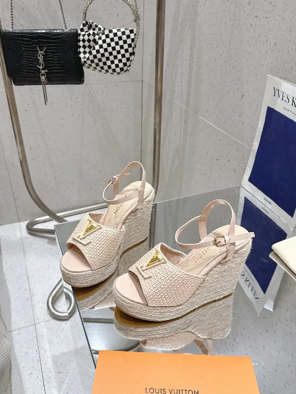 View 3 of Beige Wedge Espadrille Sandals with Gold Detail - Elevated Comfort