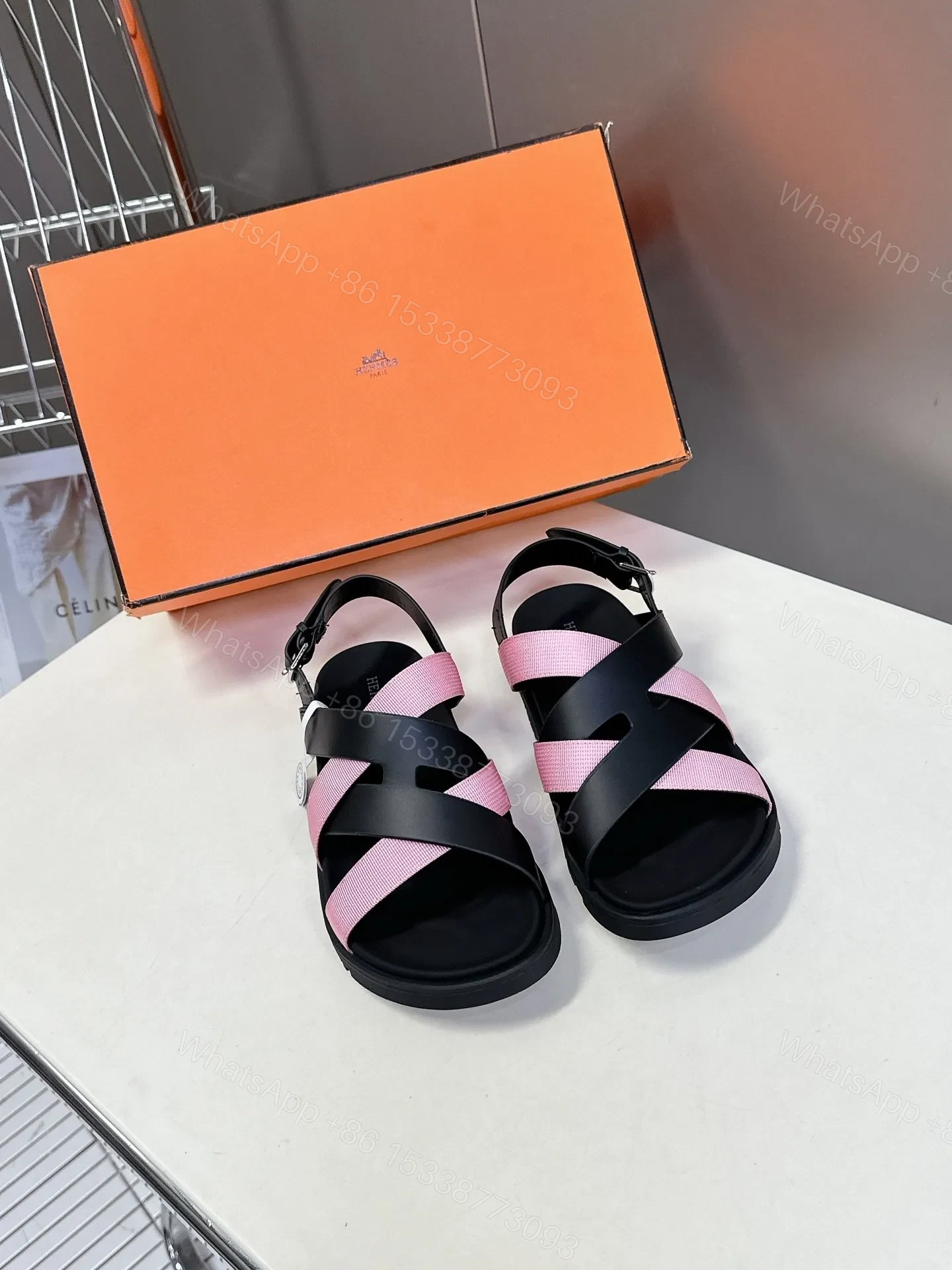 Hermes Women Black Pink Leather Strappy Sandals — view 1
