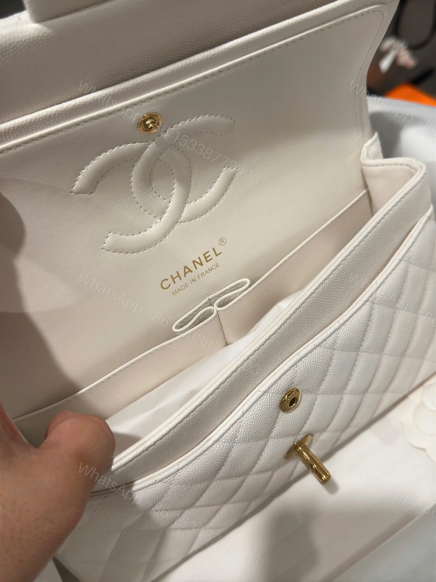 View 5 of Chanel Classic Woman’s White Like Auth Handbags Lock Gold 25cm