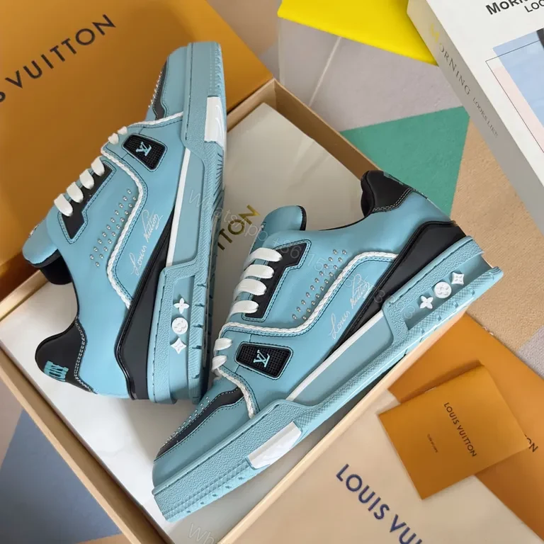 View 2 of Bright Sky Blue Luxury Sneaker with LV Touch Iconic Style