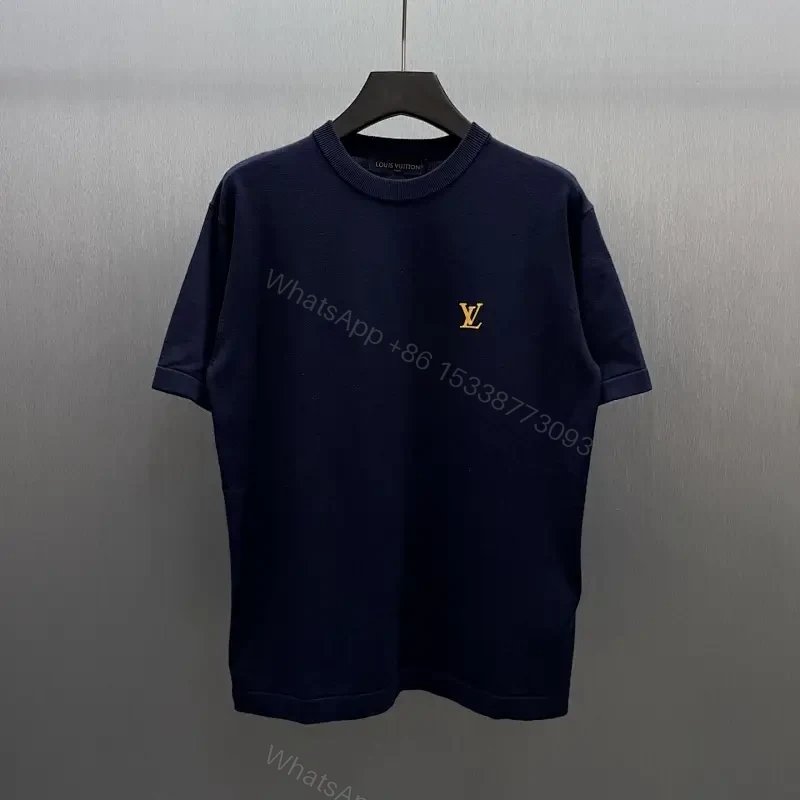 Dark Navy Velvet-Lined Essential Tee with Gold Crest Emblem — view 1