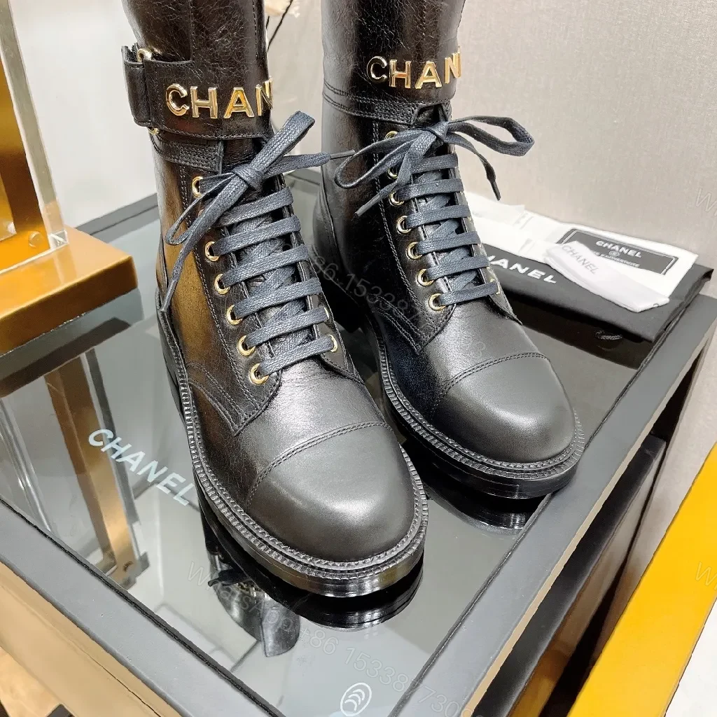 View 2 of Bold Leather Combat Boots with Gold Hardware, Chelsea Style
