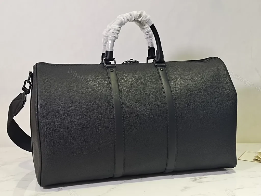 View 2 of Executive Black Duffle: Pebble Leather, LV-Inspired Travel Bag
