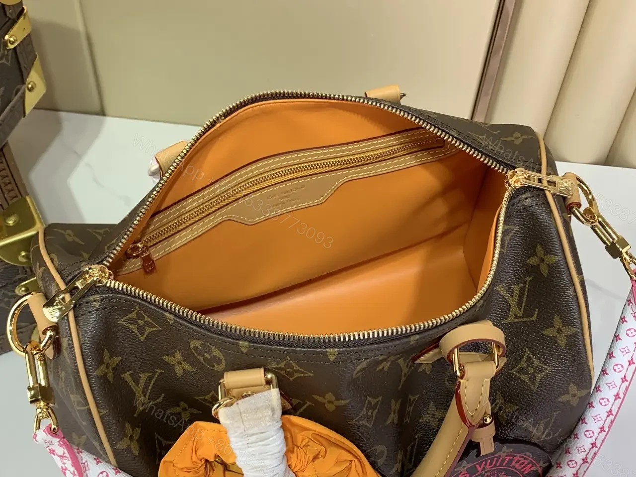 View 4 of Dark Brown Monogram Canvas Dome Tote with Pink-White Strap
