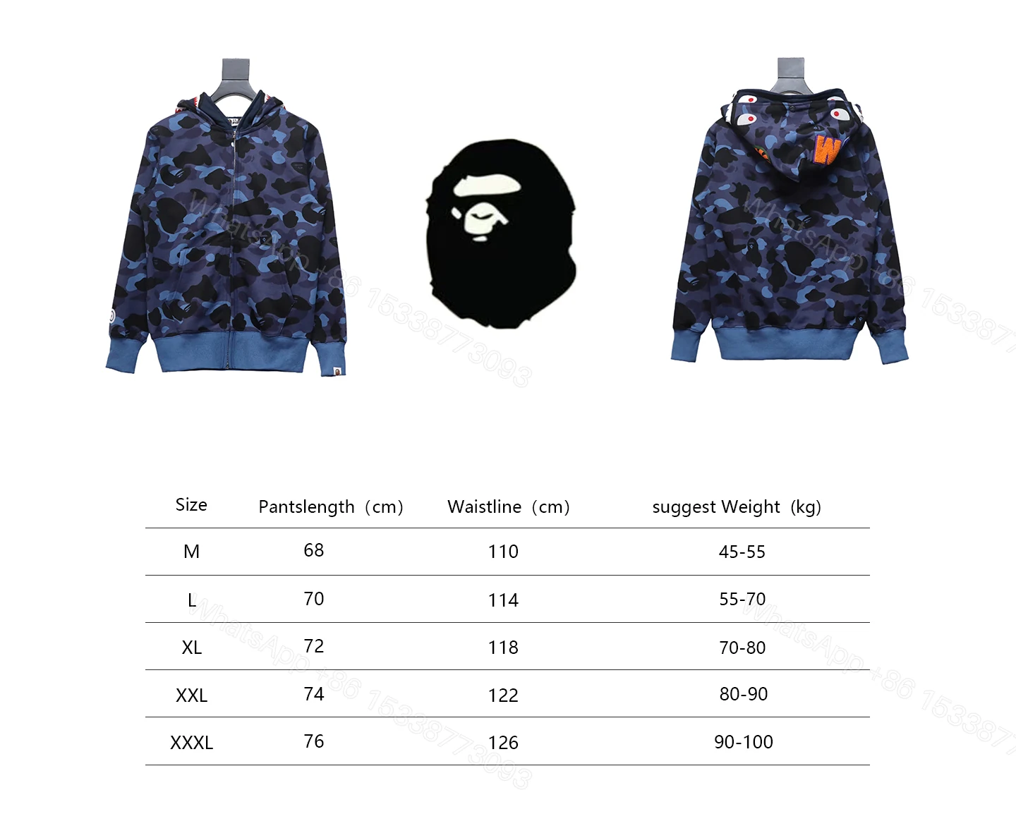 View 2 of BAPE Shark's Head Tiger's Head Zipper Camo Double Hoodie Dark Blue