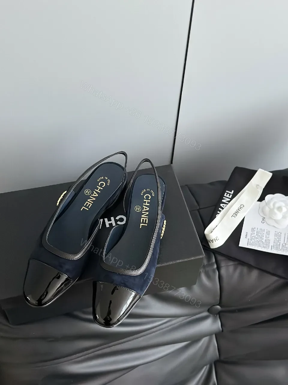 View 8 of Lux Satin Sling-Back Sandals: Navy with Logo Accent