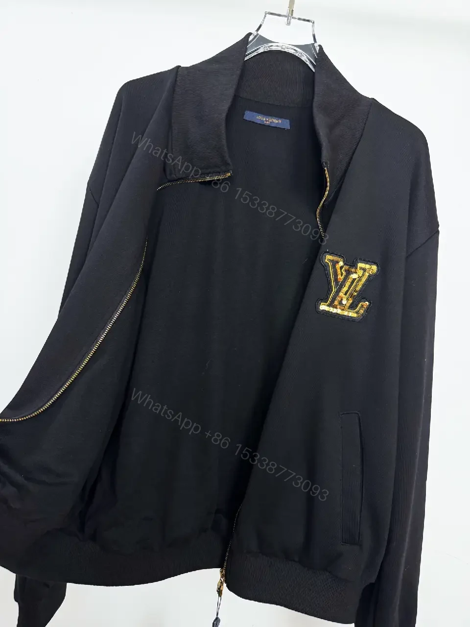 View 5 of Black Leather-Blend Zip Jacket with Luxury Emblem