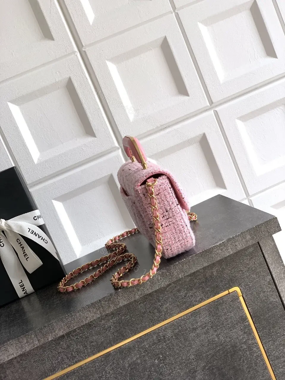 View 8 of Pink Bouclé Mini Bag with Twist Lock Crossbody