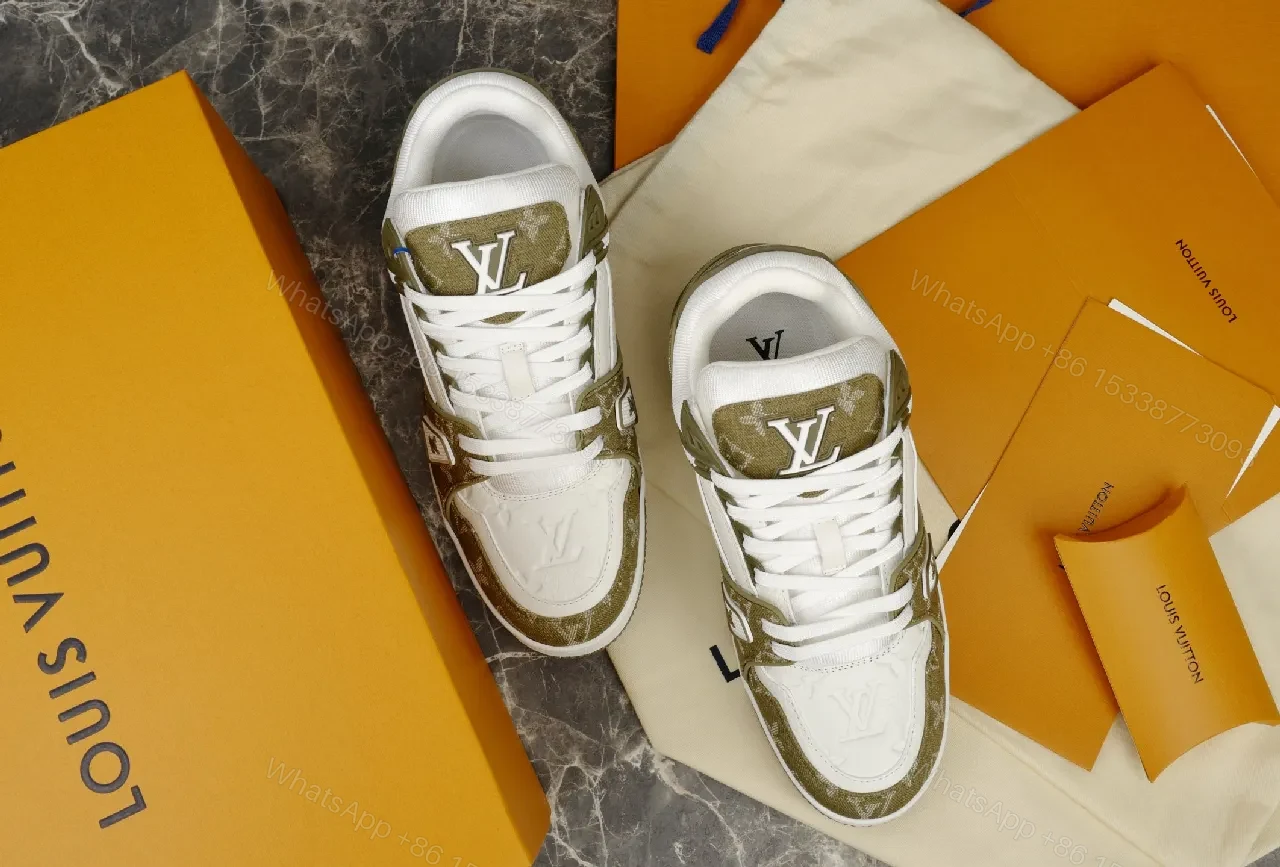 View 4 of Beige Leather High-Top Sneaker with LV Motif and Strap