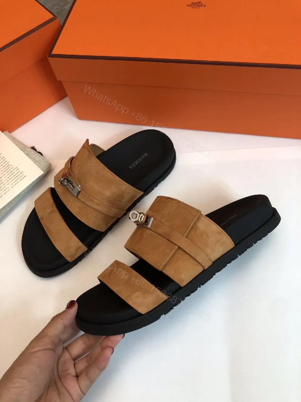 View 8 of Two-Strap Nubuck Leather Sandals - Signature Hardware, All-Day Comfort