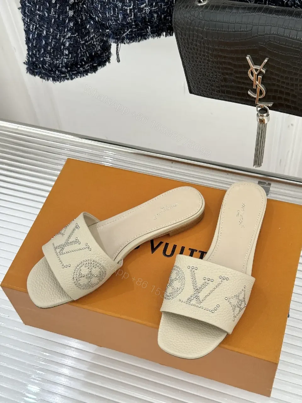 View 2 of Chic Embellished Slides with Crystal LV Detailing