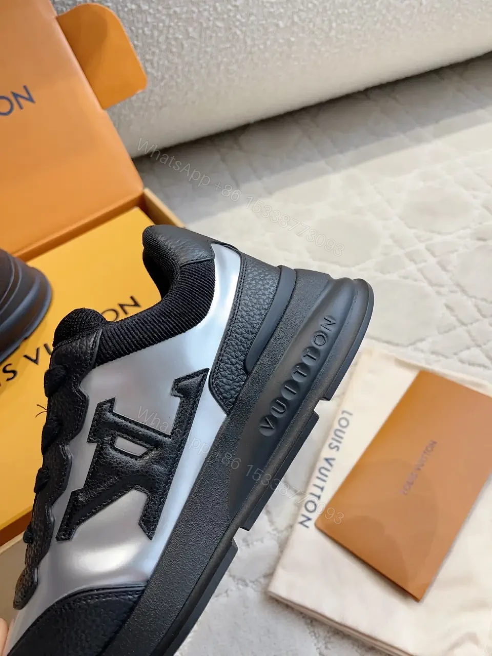 View 3 of Black Silver Leather Chunky Sneakers with LV Logo, Louis Vuitton Style