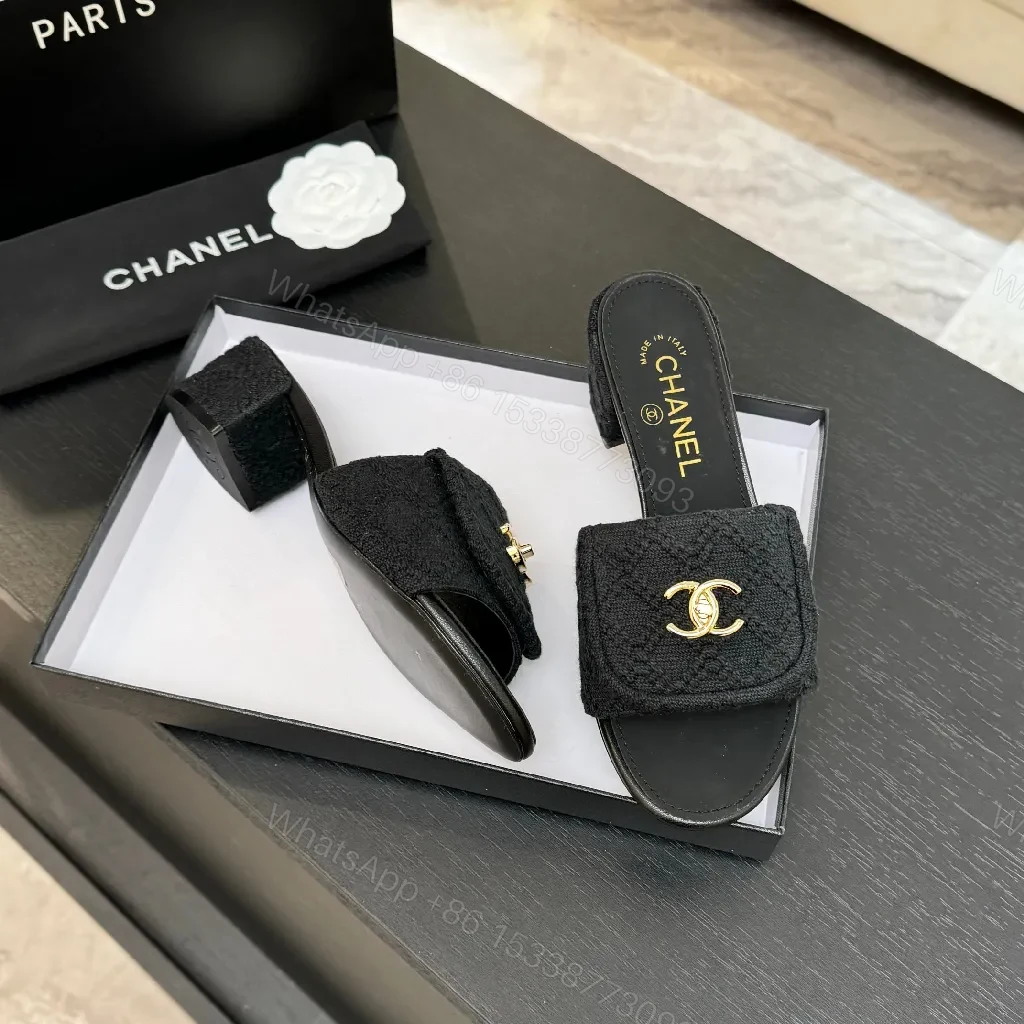 View 3 of Black Textured Slip-Ons with Gold Logo Hardware, Open-Back Slide