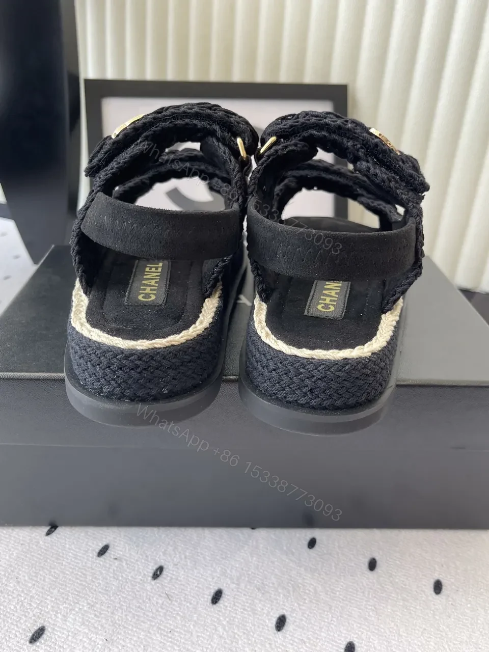 View 9 of Crochet-Texture Sandals in Black with Gold Hardware