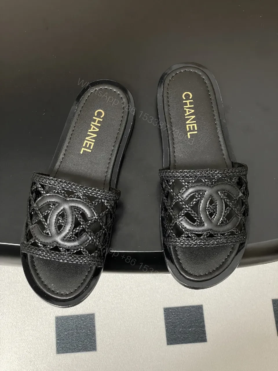 View 3 of Black Quilted Slide with Interlock Crest - Elevated Comfort Slipper