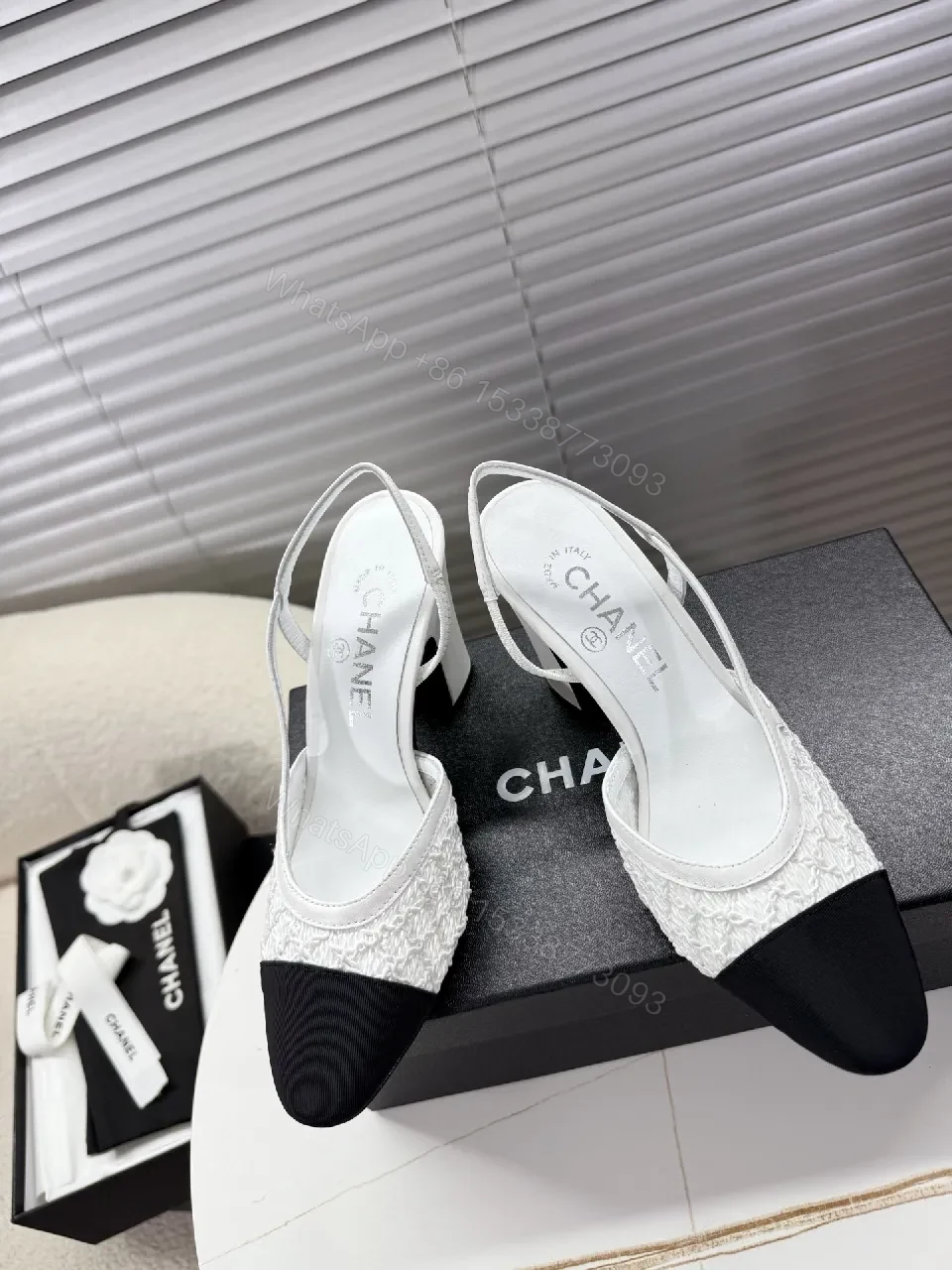 View 9 of Two-Tone Textured Slingback Pumps: Contrast Black Toe, White Body
