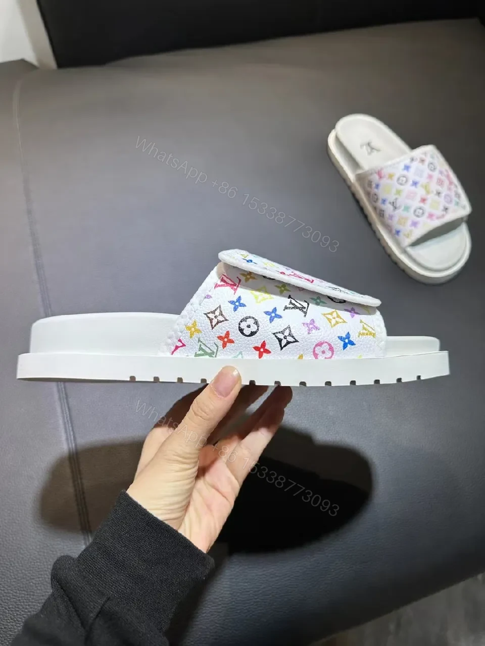 View 4 of Multicolor LV-Patterned Slip-On Sandals with Cushioned Comfort