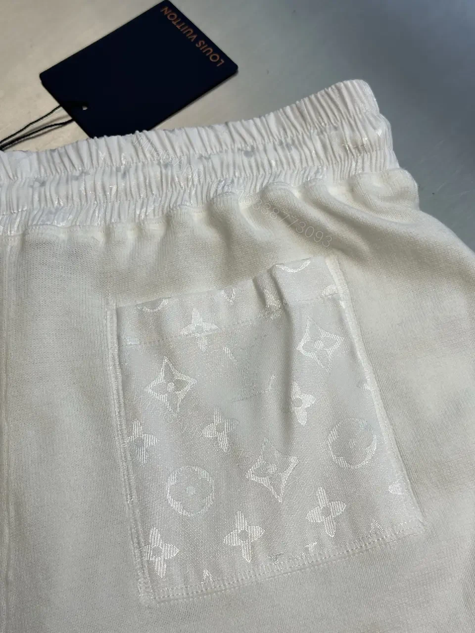 View 8 of White Knit Monogram-Pattern Shorts with Drawstring Comfort