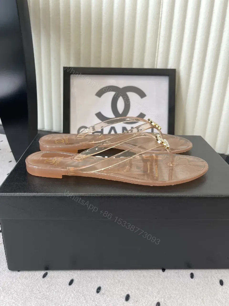 View 7 of Beige Leather Chanel Logo Flip-Flops Sandals