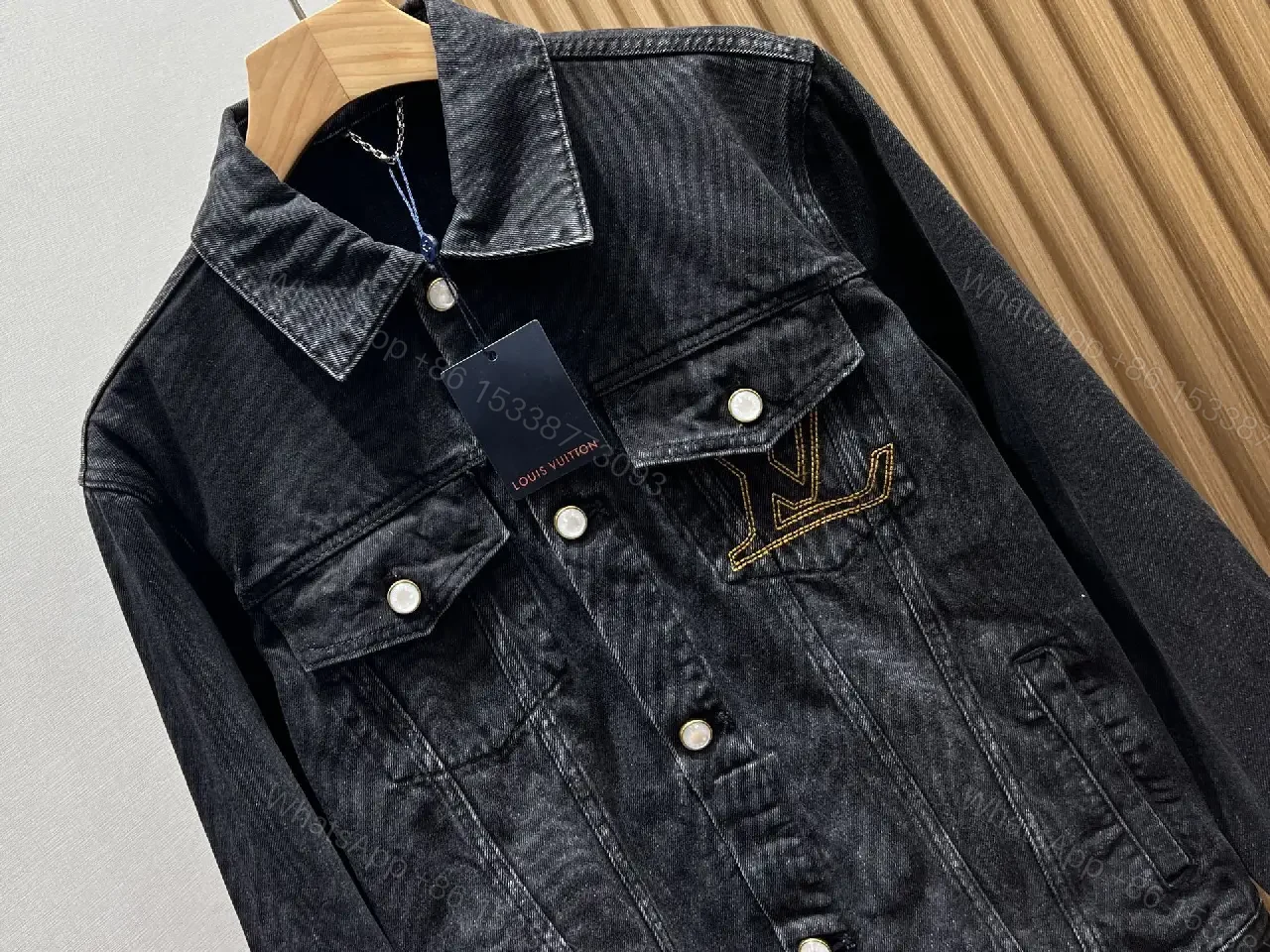 View 10 of Oversized Black Denim Jacket with Gold Monogram Embroidery